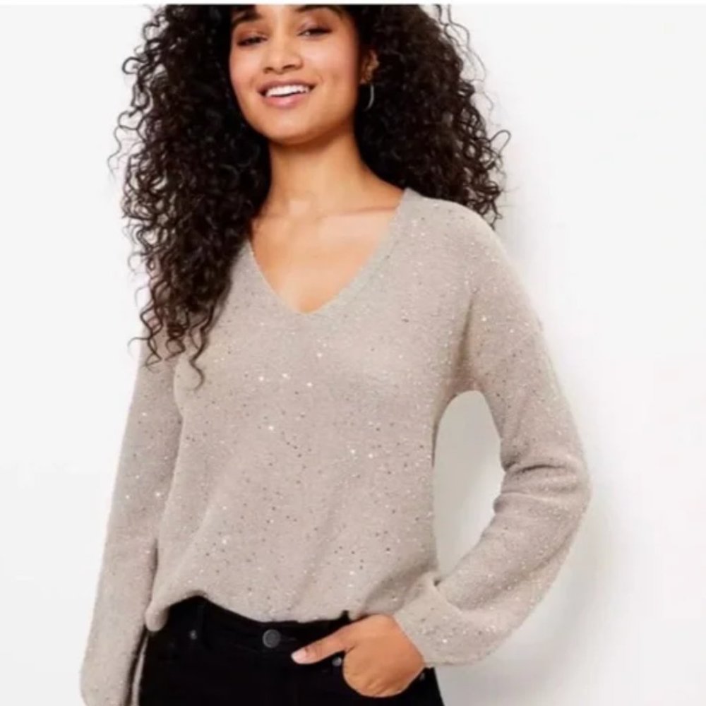 NWT Loft Sequin Double V Neck Sweater Taupe sand Melange